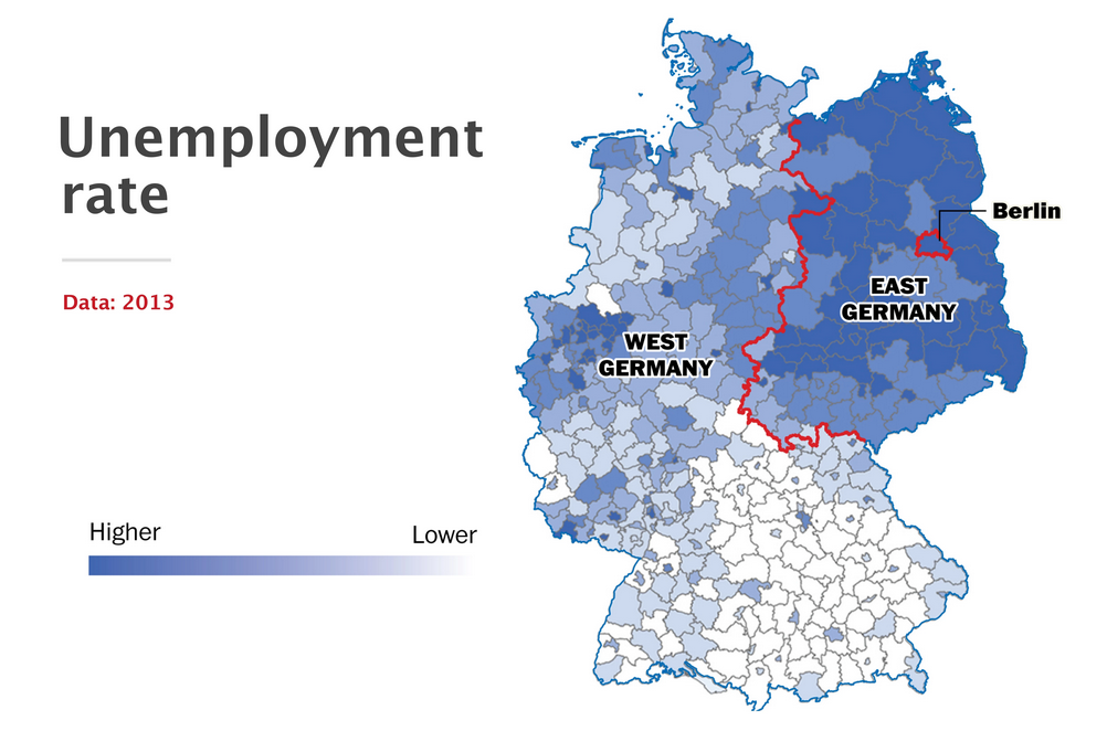 Unemployment Rate in East and West Germany, 2013